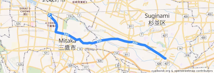 Mapa del recorrido 三鷹線 de la línea  en Tokyo.