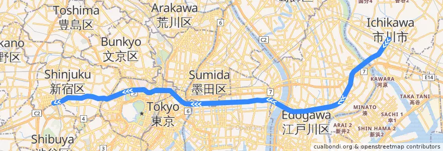 Mapa del recorrido 都営新宿線 : 本八幡→新宿 de la línea  en Tóquio.