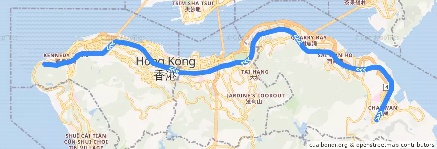 Mapa del recorrido 港鐵港島綫 (下) MTR Island Line (南行 Southbound) de la línea  en Ilha de Hong Kong.