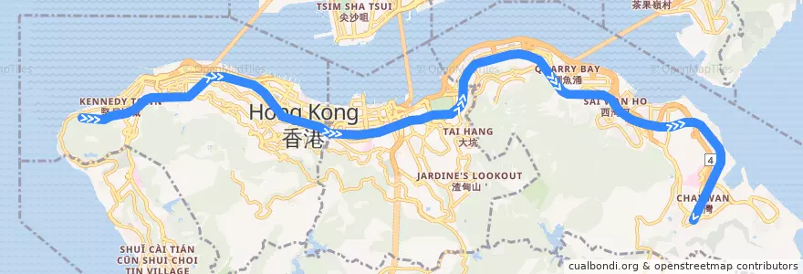 Mapa del recorrido 港鐵港島綫 (上) MTR Island Line (北行 Northbound) de la línea  en جزيرة هونغ كونغ.