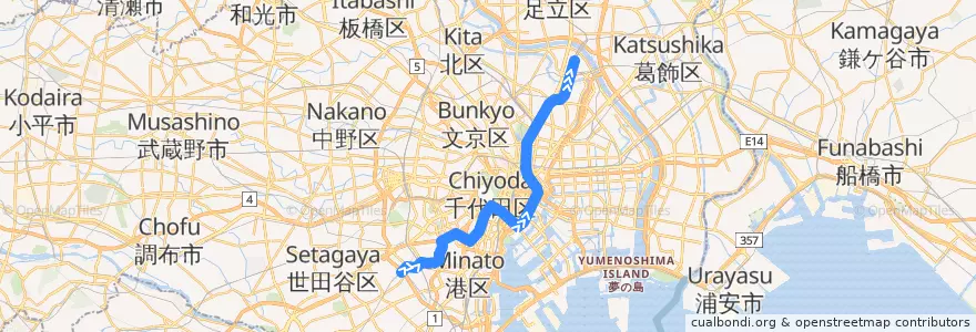 Mapa del recorrido 東京メトロ日比谷線 : 中目黒→北千住 de la línea  en 도쿄도.