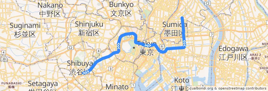 Mapa del recorrido 東京メトロ半蔵門線 : 渋谷→押上 de la línea  en 東京都.