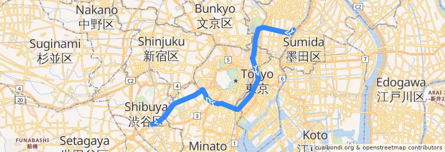 Mapa del recorrido 東京メトロ銀座線 : 浅草→渋谷 de la línea  en Tokio.