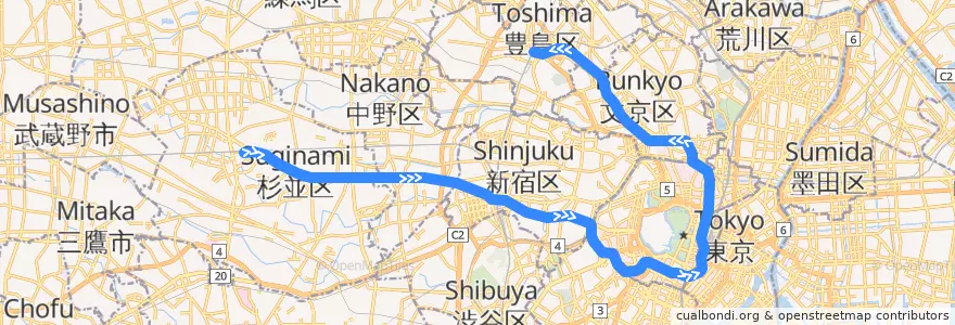 Mapa del recorrido 東京メトロ丸ノ内線 : 荻窪→池袋 de la línea  en 도쿄도.