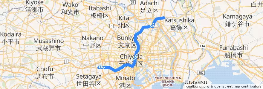 Mapa del recorrido 東京メトロ千代田線 : 代々木上原→綾瀬 de la línea  en Tóquio.
