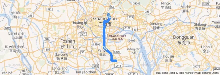 Mapa del recorrido 广州地铁3号线（天河客运站→番禺广场） de la línea  en Гуанчжоу.