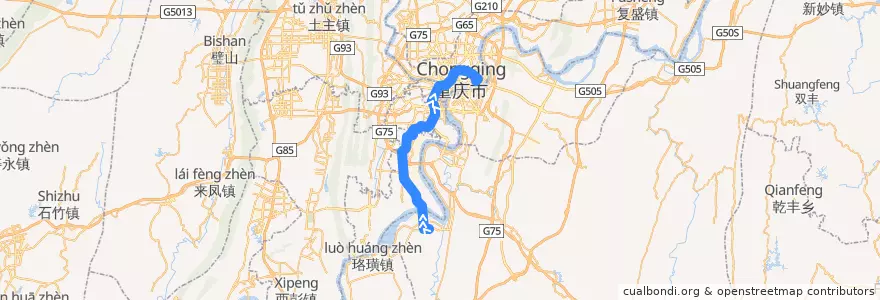 Mapa del recorrido CRT Line 2: 鱼洞 => 较场口 de la línea  en Central Chongqing.