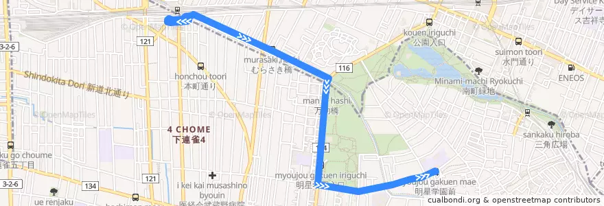 Mapa del recorrido Bus 明星学園ルート 三鷹駅南口->明星学園前 de la línea  en Tokyo.