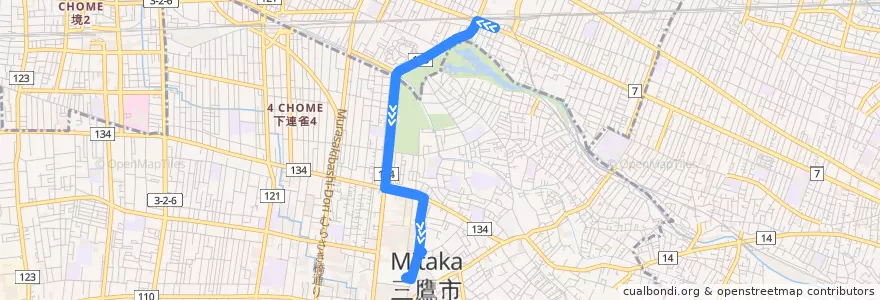 Mapa del recorrido 吉13 吉祥寺駅-> 杏林大学井の頭キャンパス (牟礼団地線) de la línea  en Tokio.