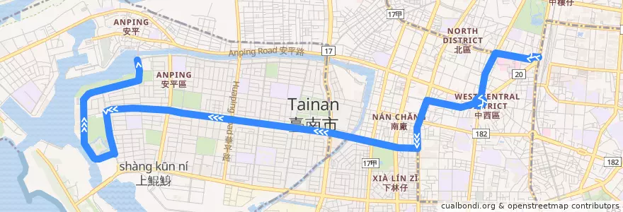 Mapa del recorrido 19路(往安平_往程) de la línea  en 臺南市.