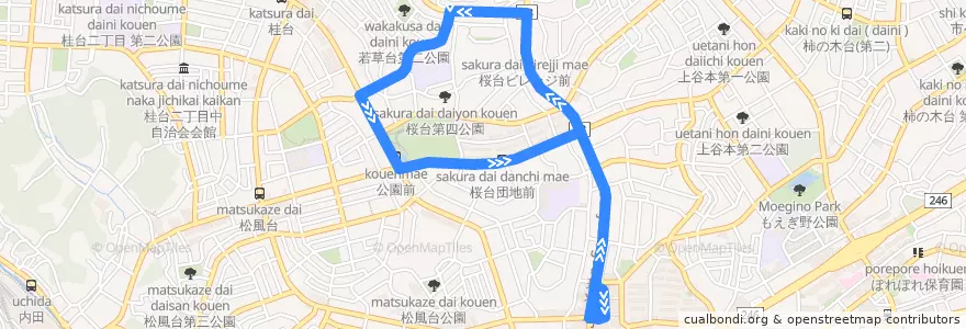 Mapa del recorrido 雨堤・桜台線 de la línea  en 青葉区.