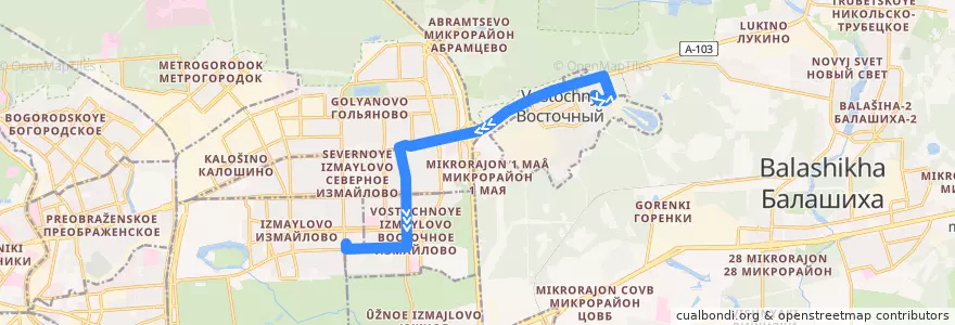Mapa del recorrido Автобус 1013: Балашиха (микрорайон Янтарный) => Москва (метро «Первомайская») de la línea  en Центральный федеральный округ.