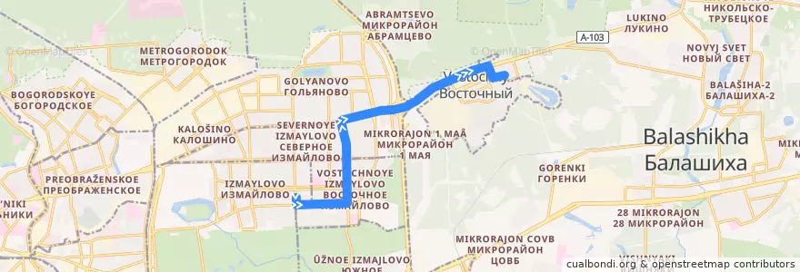 Mapa del recorrido Автобус 1013: Москва (метро «Первомайская») => Балашиха (микрорайон Янтарный) de la línea  en Centraal Federaal District.
