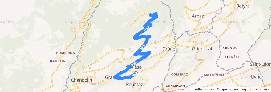 Mapa del recorrido Trajet de bus Savièse centre - Mayens-de la-Zour de la línea  en Savièse.