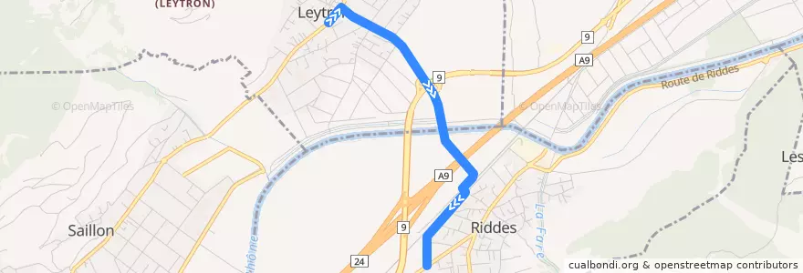 Mapa del recorrido Trajet de bus Leytron, anc. poste - Riddes, gare de la línea  en Martigny.