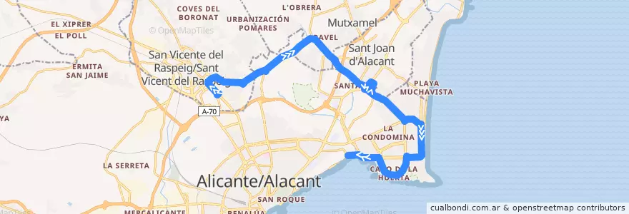 Mapa del recorrido 38: Universidad ⇒ Playa San Juan de la línea  en l'Alacantí.