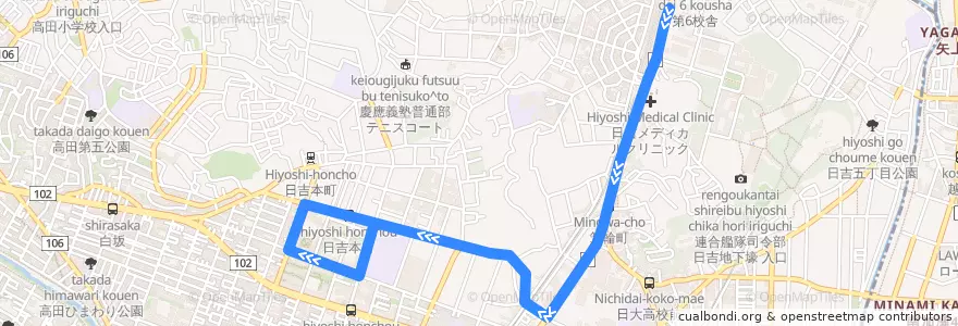 Mapa del recorrido 日吉本町循環線 de la línea  en 港北区.