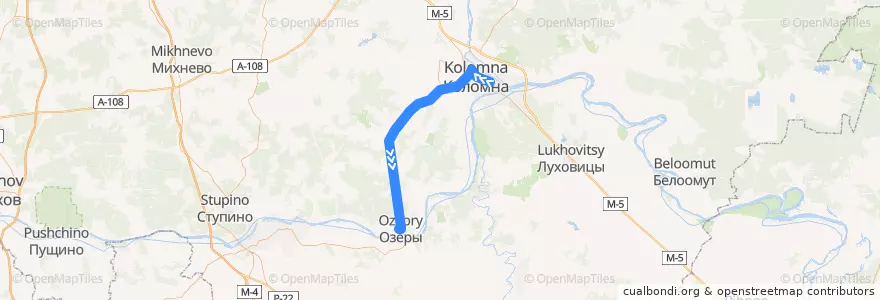 Mapa del recorrido Автобус: № 22 «Коломна (Голутвин) – Озёры» de la línea  en Óblast de Moscú.