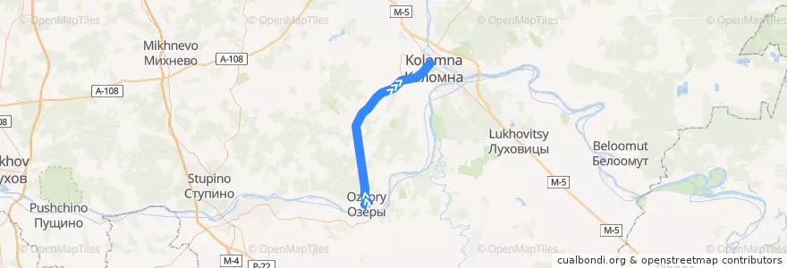 Mapa del recorrido Автобус: № 22 «Озёры – Коломна (Старая Коломна)» de la línea  en Oblast Moskau.