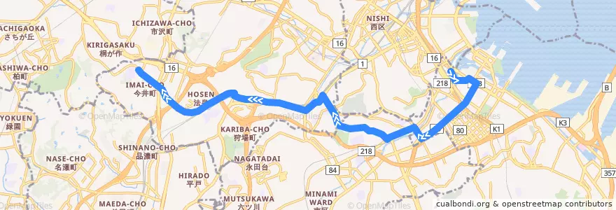 Mapa del recorrido 旭4 桜木町駅→美立橋 de la línea  en Yokohama.