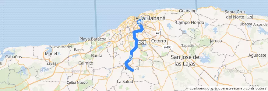 Mapa del recorrido Habana-Santiago-Bejucal de la línea  en L'Avana.