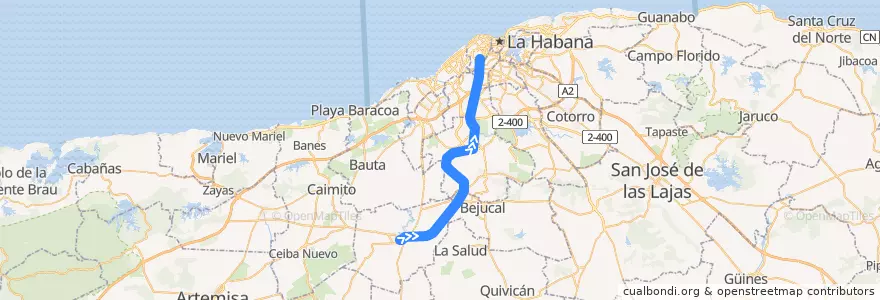 Mapa del recorrido Habana-San Antonio de la línea  en Kuba.