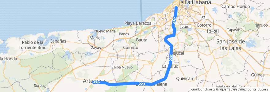 Mapa del recorrido Habana-Guira-Artemisa de la línea  en Cuba.