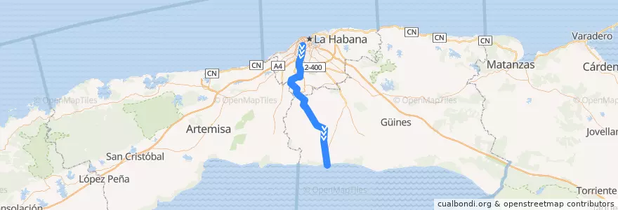 Mapa del recorrido Habana-Batabanó de la línea  en Küba.