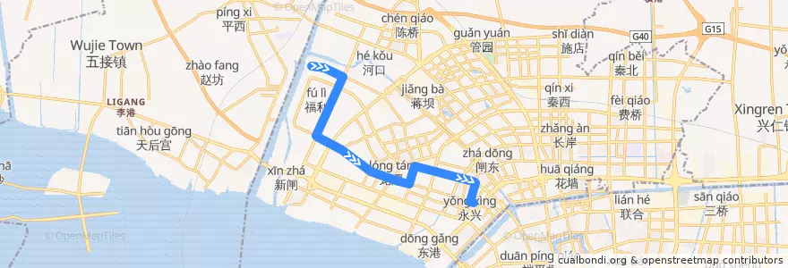 Mapa del recorrido 56路: 兴福路西 => 黄海路江海大道口 de la línea  en Gangzha District.