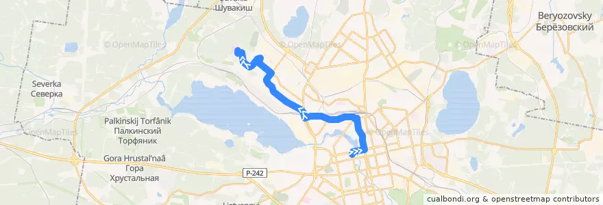 Mapa del recorrido Автобус 13. Станция метро "Площадь 1905 года" - ДМБ № 9 de la línea  en Yekaterinburg Municipality.