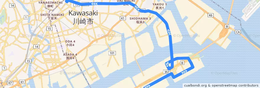 Mapa del recorrido 東扇島循環線 東扇島西公園前 => 川崎駅 de la línea  en Kawasaki Ward.