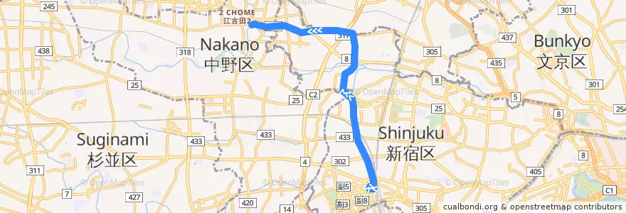 Mapa del recorrido 椎名町線 de la línea  en 新宿区.