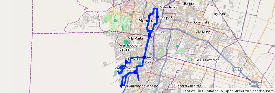 Mapa del recorrido 45 - B° LA ESTANZUELA POR CALLE SAN MARTÍN - FOECYT de la línea G04 en Mendoza.