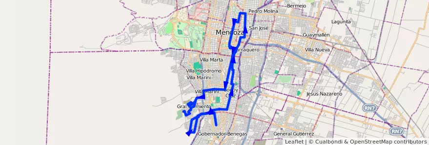 Mapa del recorrido 45 - Bº La Estanzuela por Plaza de Godoy Cruz - FOECYT  de la línea G04 en Мендоса.