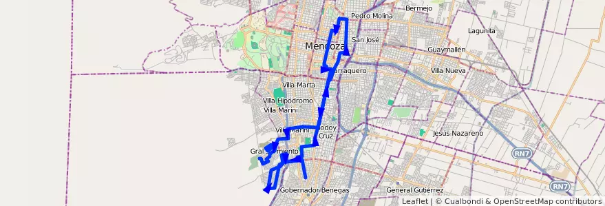 Mapa del recorrido 45 - Bº Ruiseñor- Estanzuela por San Martin - Foecyt de la línea G04 en Мендоса.