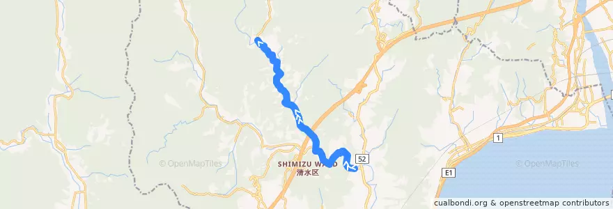 Mapa del recorrido 板井沢系統 de la línea  en 清水区.