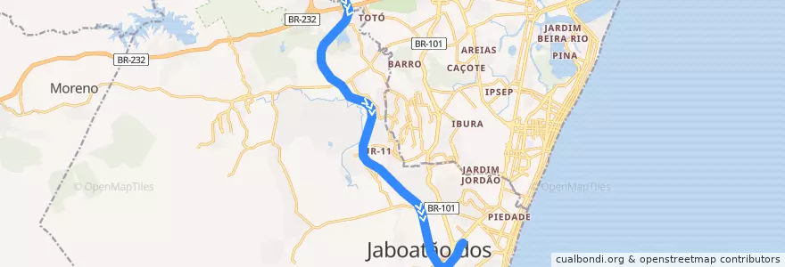 Mapa del recorrido VLT Curado --> Cajueiro Seco de la línea  en 자보아탕두스구아라라페스.