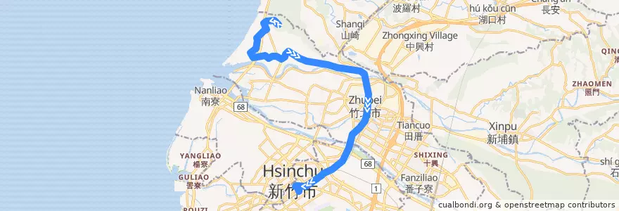Mapa del recorrido 5600 蓮花寺廟前→新竹(經竹北) de la línea  en Тайвань.