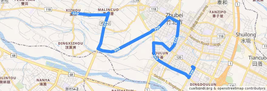 Mapa del recorrido 65 家樂福→溪州 (先經溪州路) de la línea  en 竹北市.