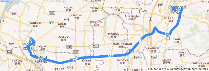 Mapa del recorrido 6900 彰化－鹿港(經馬鳴山) (返程) de la línea  en مقاطعة تشانغوا.