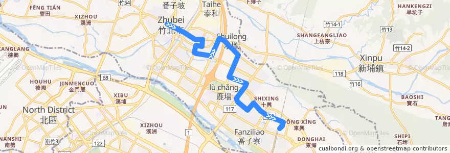 Mapa del recorrido 新竹縣快捷公車7號(竹北市公所→高鐵新竹站) de la línea  en Zhubei.