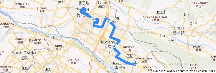 Mapa del recorrido 新竹縣快捷公車7號(高鐵新竹站→竹北市公所) de la línea  en Zhubei.
