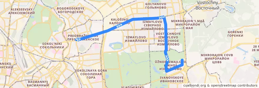 Mapa del recorrido Автобус 52: Метро «Преображенская площадь» => Южное Измайлово de la línea  en Восточный административный округ.