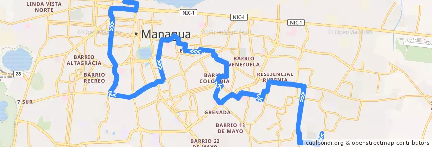 Mapa del recorrido Ruta 195: Barrio Milagro de Dios => Parque Central de la línea  en Managua (Municipio).