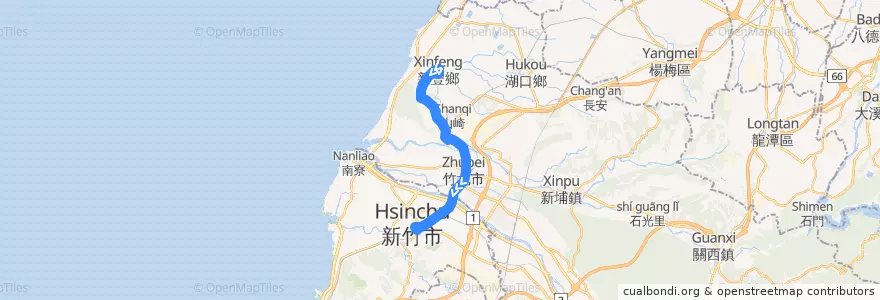 Mapa del recorrido 5605 新庄子→新竹(經新豐球場) de la línea  en 臺灣省.