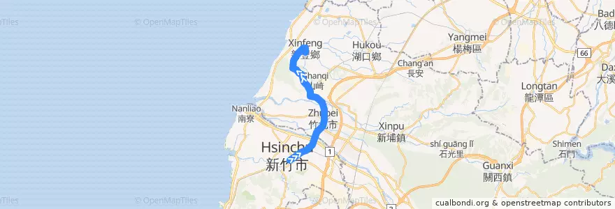 Mapa del recorrido 5605 新竹→新庄子(經新豐球場) de la línea  en 臺灣省.