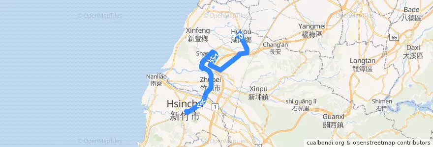 Mapa del recorrido 5612 湖口→新竹(經鳳山村) de la línea  en 新竹縣.