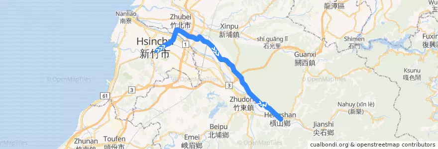 Mapa del recorrido 5614 新竹→九讚頭(經芎林) de la línea  en 新竹縣.