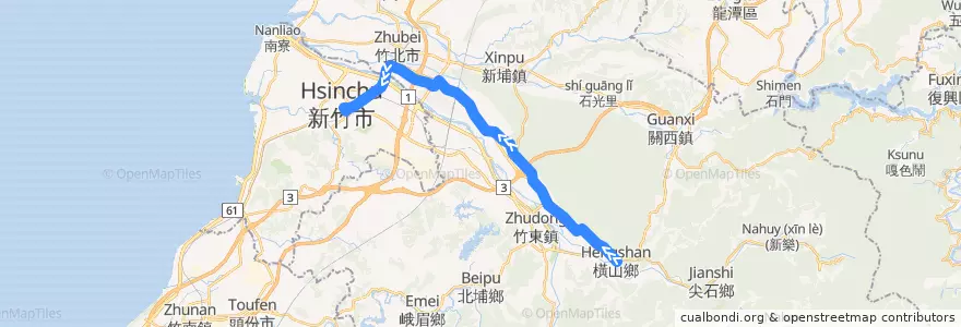Mapa del recorrido 5614 九讚頭→新竹(經芎林) de la línea  en 新竹縣.