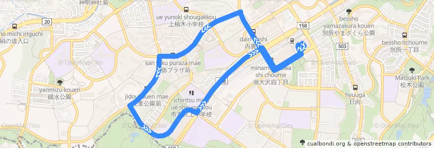 Mapa del recorrido 南大沢五丁目循環 de la línea  en 八王子市.